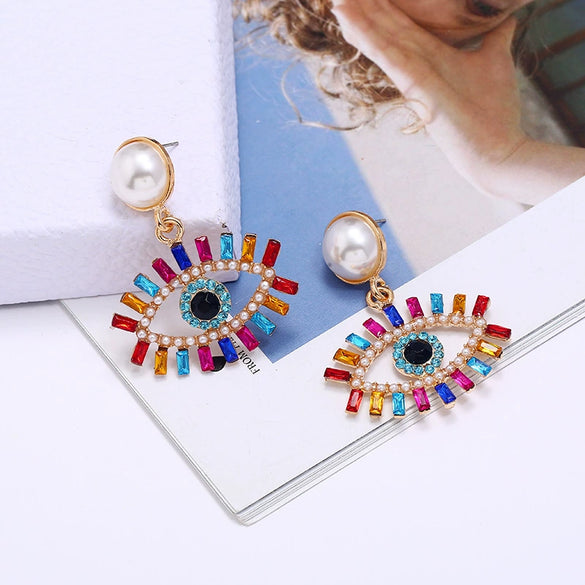 Alloy Pearl Exaggerated Devil's Eye Women's Diamond Earrings