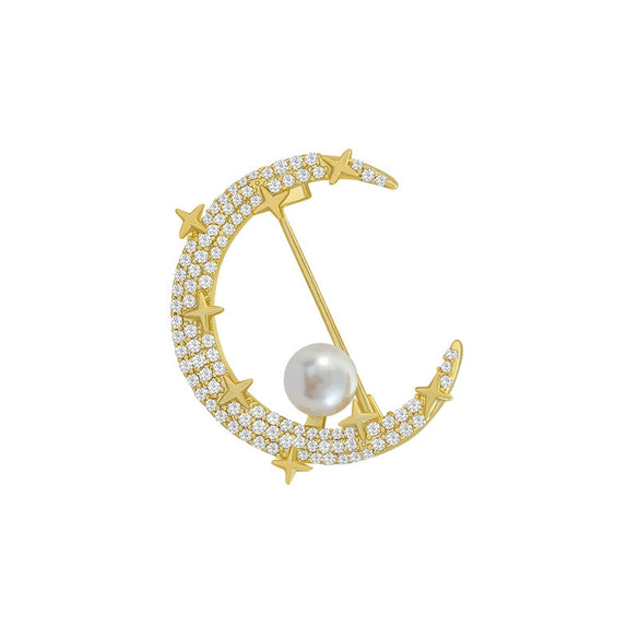 Alloy Pearl Flower Moon Brooch For Women With Electroplating