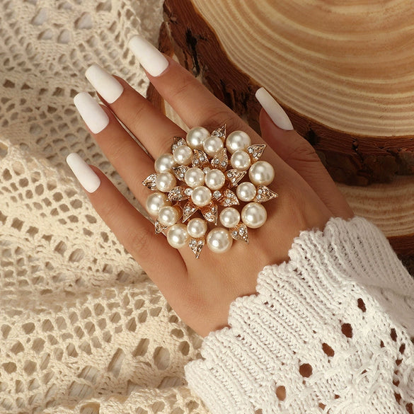 Alloy Pearl Flower Ring Elegant And Exaggerated Unisex Diamondencrusted Open Design
