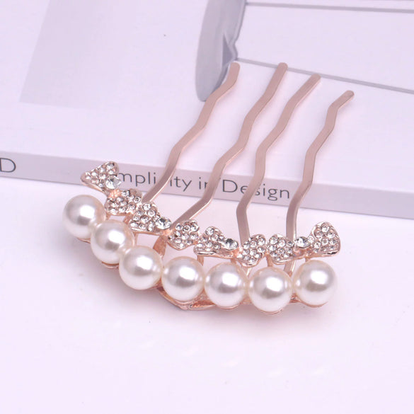 Alloy Pearl Fourtooth Hair Comb With Rhinestone Bow Women's Hair Accessories Electroplated
