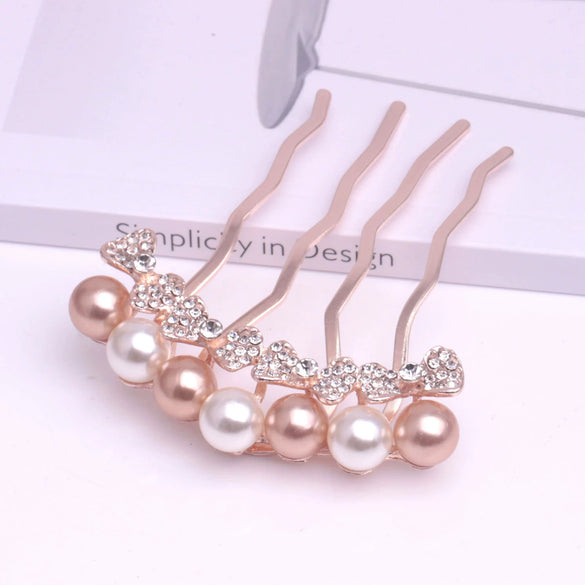 Alloy Pearl Fourtooth Hair Comb With Rhinestone Bow Women's Hair Accessories Electroplated