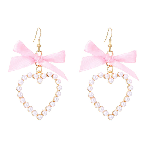 Alloy Pearl Inlaid Heart Shape And Bow Tie Earrings For Women