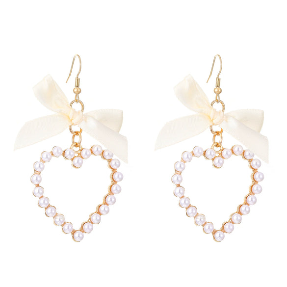 Alloy Pearl Inlaid Heart Shape And Bow Tie Earrings For Women