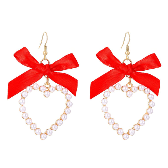 Alloy Pearl Inlaid Heart Shape And Bow Tie Earrings For Women