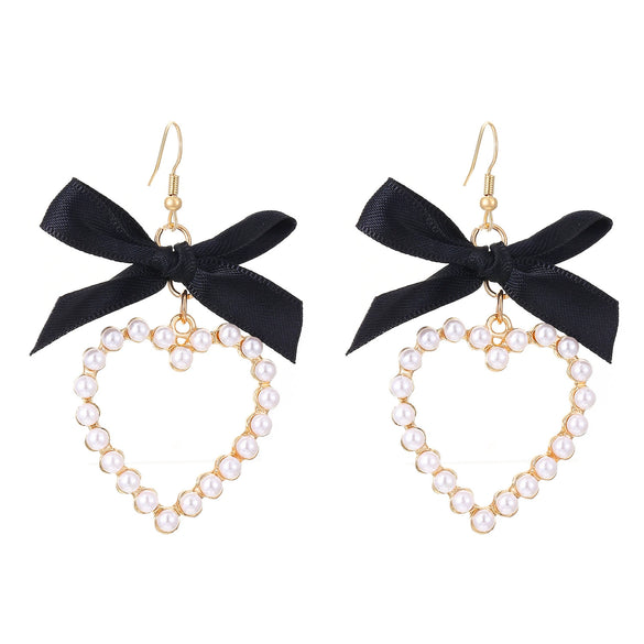 Alloy Pearl Inlaid Heart Shape And Bow Tie Earrings For Women