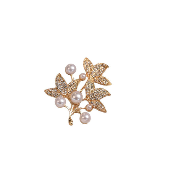 Alloy Pearl Leaf Rhinestone Antiglare Buckle Flower Brooch Electroplated Women's Minimalist Luxury Accessory