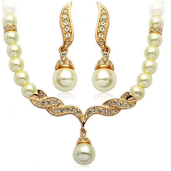 Alloy Pearl Necklace Earrings Two Piece Set With Drop Shape Design And Electroplating