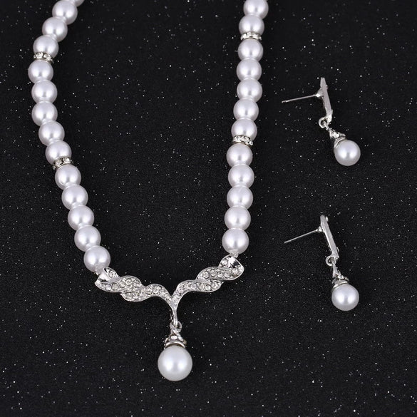Alloy Pearl Necklace Earrings Two Piece Set With Drop Shape Design And Electroplating