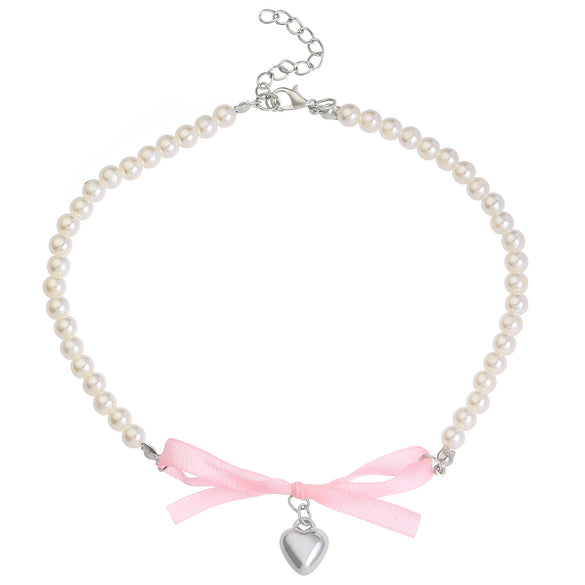 Alloy Pearl Necklace With Heart Shape Bow Tie Geometric Pendant For Women Electroplating Design