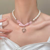 Alloy Pearl Necklace With Heart Shape Bow Tie Geometric Pendant For Women Electroplating Design