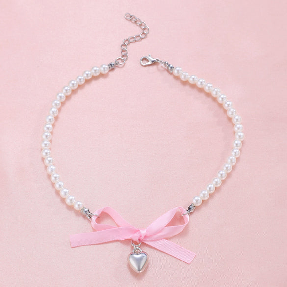 Alloy Pearl Necklace With Heart Shape Bow Tie Geometric Pendant For Women Electroplating Design