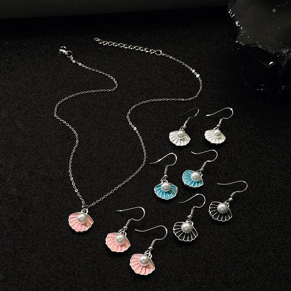 Alloy Pearl Shell Women's Jewelry With Marine Organisms Pattern Electroplated Clavicle Chain And Earrings