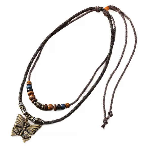Alloy Pendant Butterfly Necklace Retro Braided Rope Handmade Beaded Multi Layer Unisex
