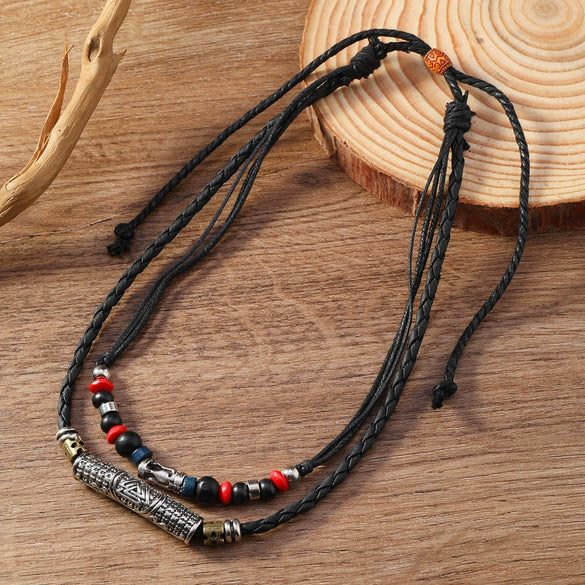 Alloy Pendant Butterfly Necklace Retro Braided Rope Handmade Beaded Multi Layer Unisex