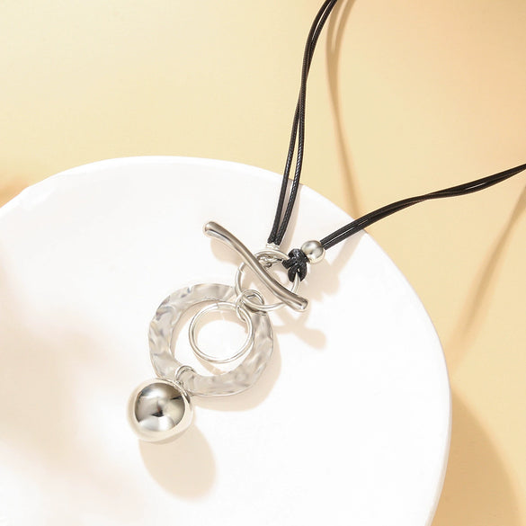 Alloy Pendant Leather Wax Thread Chain Geometric Minimalist Design Electroplating Fashion Necklace