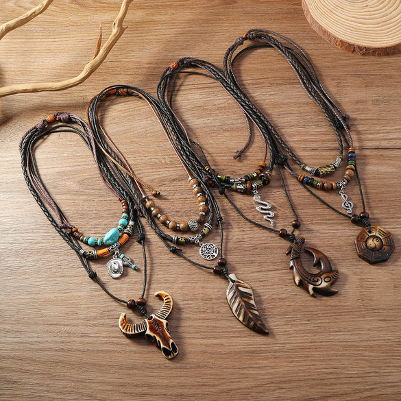 Alloy Pendant Necklace Retro Braided Rope Handmade Beaded Multi Layer Unisex Accessories