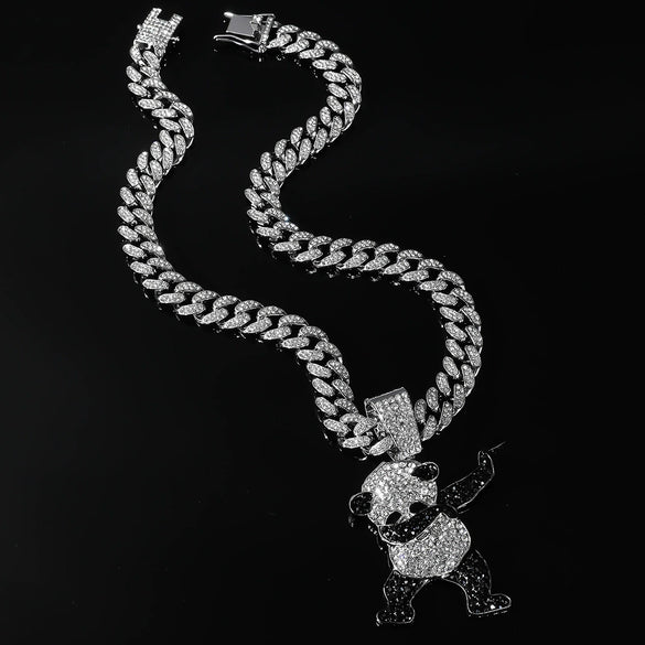 Alloy Pendant Necklace With Diamondencrusted Geometric Dancing Panda Design For Men