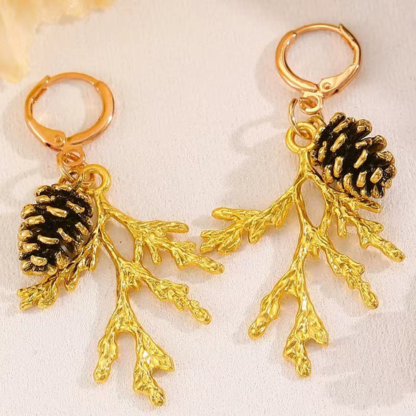 Alloy Pine Cone Pendant Earrings And Necklace Set With Electroplating For Women