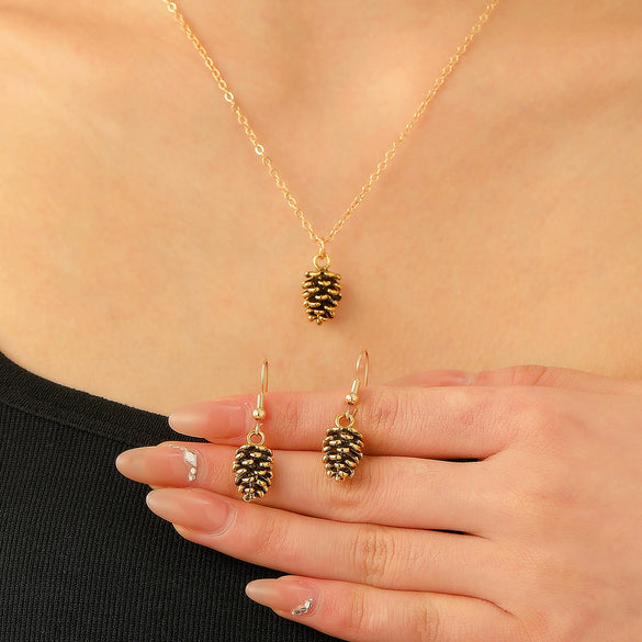 Alloy Pine Cone Pendant Earrings And Necklace Set With Electroplating For Women