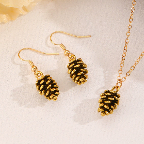 Alloy Pine Cone Pendant Earrings And Necklace Set With Electroplating For Women