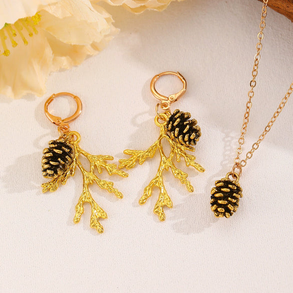 Alloy Pine Cone Pendant Earrings And Necklace Set With Electroplating For Women