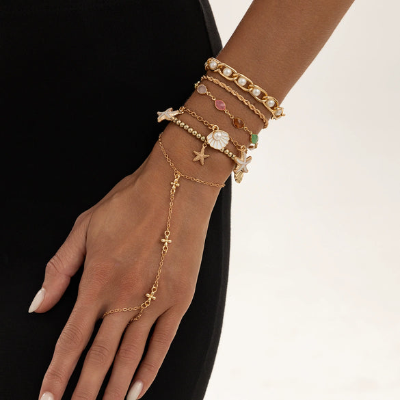 Alloy Plated Starfish And Scallop Shell Imitation Pearl Chain Finger Bracelet With Colorful Rhinestone Details