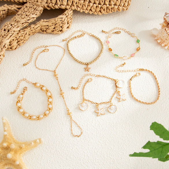 Alloy Plated Starfish And Scallop Shell Imitation Pearl Chain Finger Bracelet With Colorful Rhinestone Details