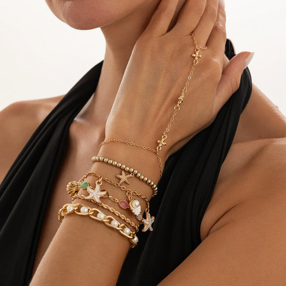 Alloy Plated Starfish And Scallop Shell Imitation Pearl Chain Finger Bracelet With Colorful Rhinestone Details