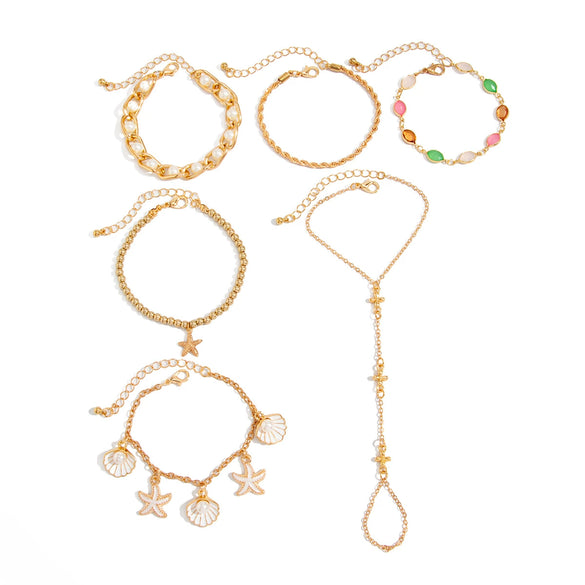 Alloy Plated Starfish And Scallop Shell Imitation Pearl Chain Finger Bracelet With Colorful Rhinestone Details