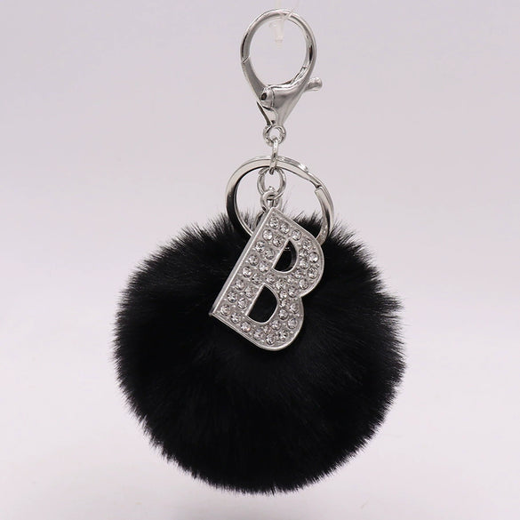 Alloy Plush Key Chain With Diamondencrusted English Letter And Fur Ball Modern Simplicity Style