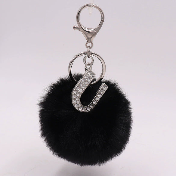 Alloy Plush Key Chain With Diamondencrusted English Letter And Fur Ball Modern Simplicity Style