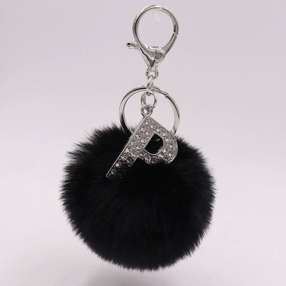 Alloy Plush Key Chain With Diamondencrusted English Letter And Fur Ball Modern Simplicity Style