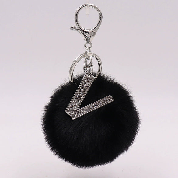 Alloy Plush Key Chain With Diamondencrusted English Letter And Fur Ball Modern Simplicity Style