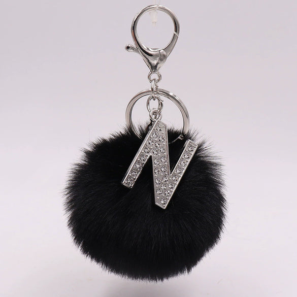 Alloy Plush Key Chain With Diamondencrusted English Letter And Fur Ball Modern Simplicity Style