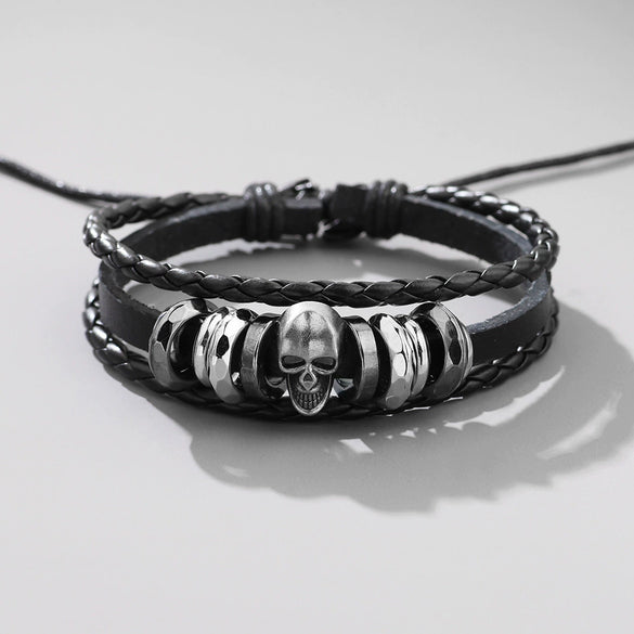 Alloy Punk Skull Handmade Unisex Leather Woven Bracelet