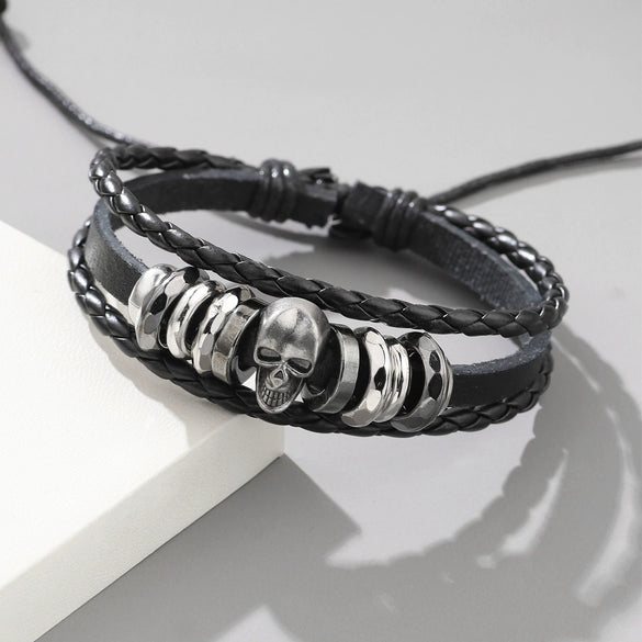 Alloy Punk Skull Handmade Unisex Leather Woven Bracelet