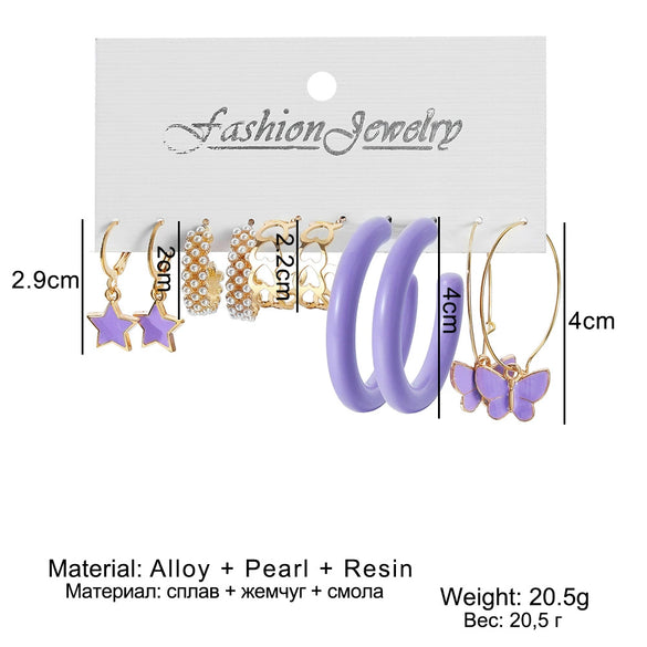 Alloy Purple Butterfly Cartoon Animals Geometric Zircon Earrings Set