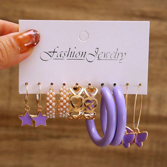 Alloy Purple Butterfly Cartoon Animals Geometric Zircon Earrings Set