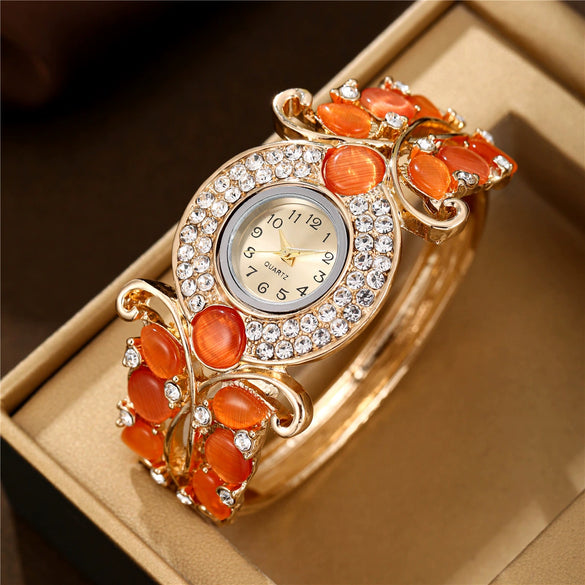 Alloy Quartz Watch With Diamond Decoration And Hollow Bracelet For Women Fashion Style Round Dial