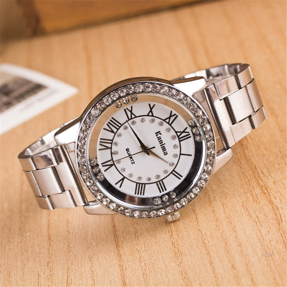 Alloy Quartz Watch With Roman Numerals And Full Diamond Round Dial Stainless Steel Strap For Men And Women