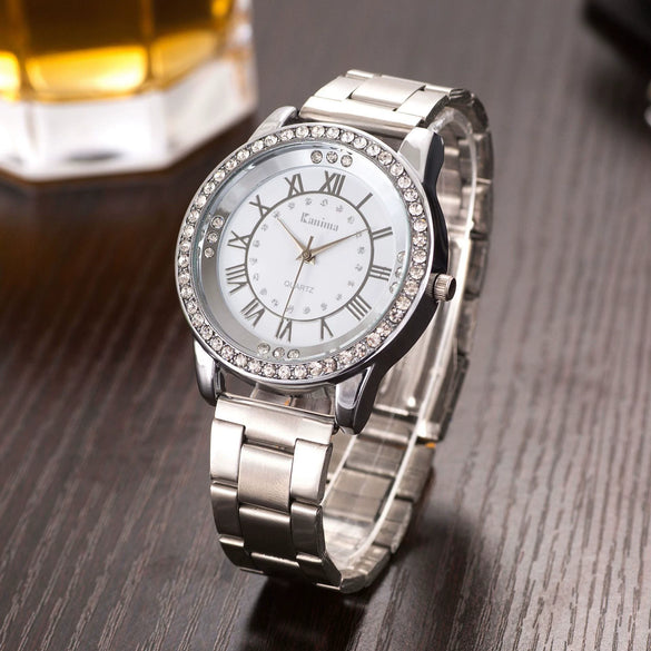 Alloy Quartz Watch With Roman Numerals And Full Diamond Round Dial Stainless Steel Strap For Men And Women