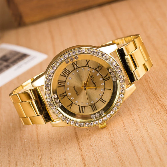 Alloy Quartz Watch With Roman Numerals And Full Diamond Round Dial Stainless Steel Strap For Men And Women