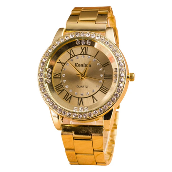 Alloy Quartz Watch With Roman Numerals And Full Diamond Round Dial Stainless Steel Strap For Men And Women