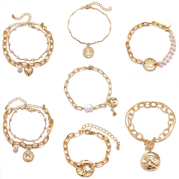 Alloy Retro Baroque Pearl Embossed Coin Like Geometric Bracelet
