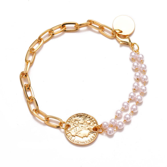 Alloy Retro Baroque Pearl Embossed Coin Like Geometric Bracelet