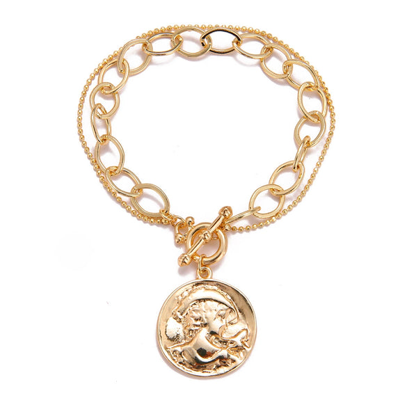 Alloy Retro Baroque Pearl Embossed Coin Like Geometric Bracelet