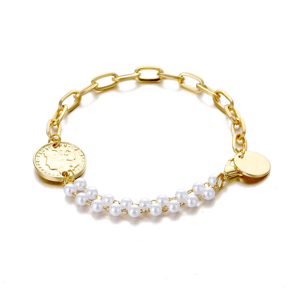 Alloy Retro Baroque Pearl Embossed Coin Like Geometric Bracelet