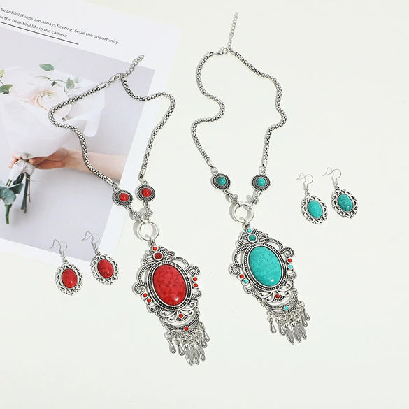 Alloy Retro Ethnic Style Turquoise Tassel Cross Mirror Necklace Earrings Set With Electroplating