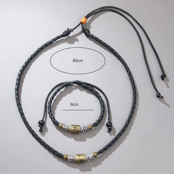 Alloy Retro Geometric Metal Pendant Woven Wax Rope Adjustable Unisex Necklace With Electroplating