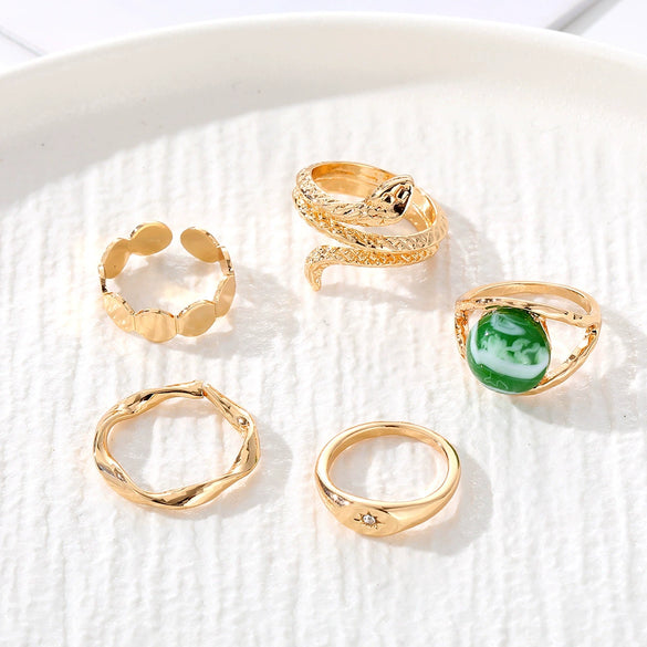 Alloy Retro Geometric Snakeshaped Diamond Ring 5Piece Set For Women